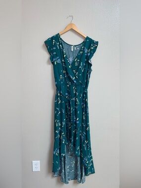 Grecerelle Green Floral High Low Wrap Dress XL Flutter Sleeve Boho Midi